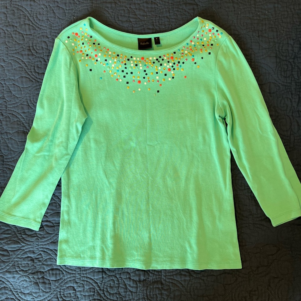 Rafaella Womens Size M Embellished Knit Top, aqua/teal color